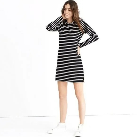 Madewell by JCrew Striped Bell Sleeve Mini Dress with Zipper Closure - Picture 1 of 7
